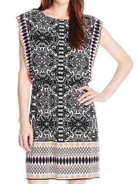 London Style Batik Print Blouson Dress Boho Geometric Elastic Waist NWT 14
